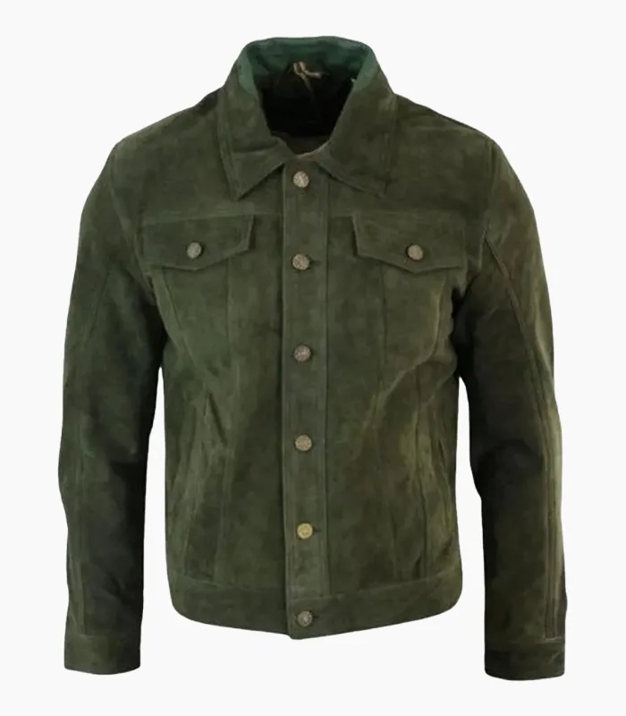 Front view of Men's Olive Suede Leather Jacket