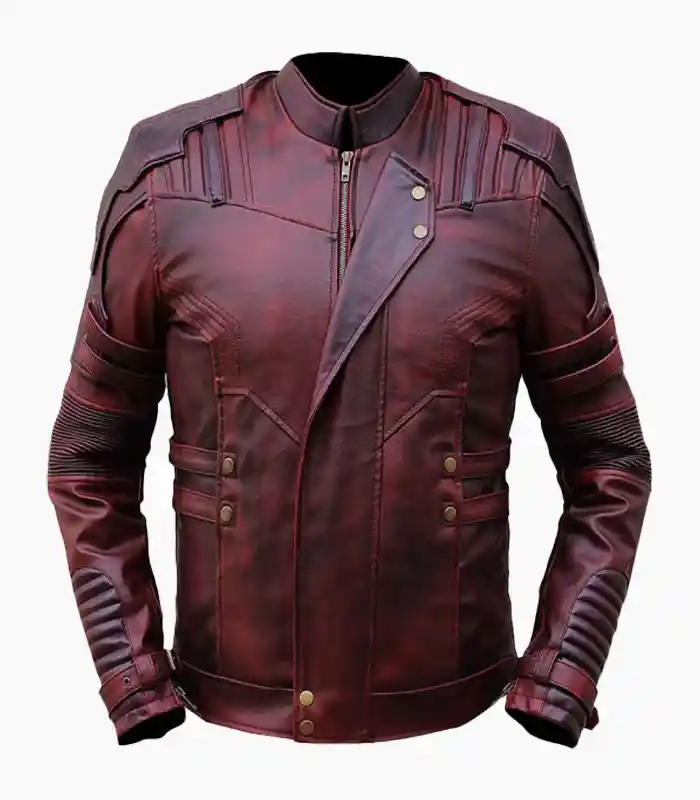 Front view of Men’s Maroon Leather Biker Jacket