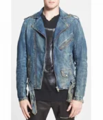 Front view of men's denim biker jacket