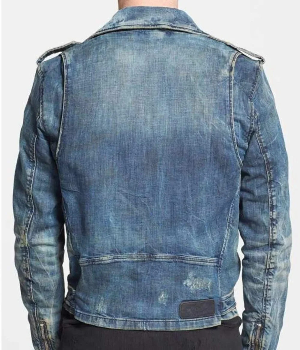 Back view of men's blue jean motorcycle jacket