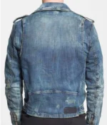 Back view of men's blue jean motorcycle jacket