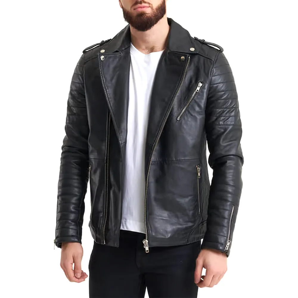 Front view of ribbed sleeve real leather jacket.