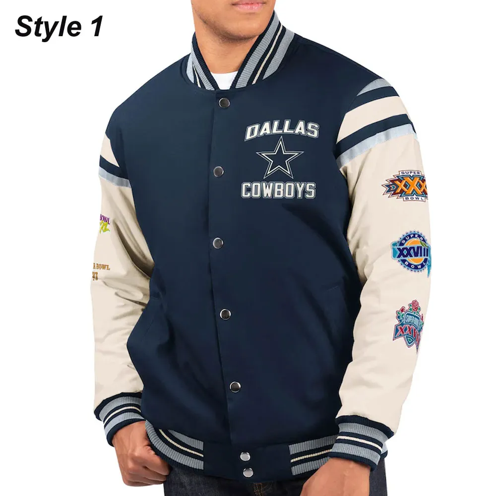 Model in Dallas Cowboys Varsity Jacket (Front)