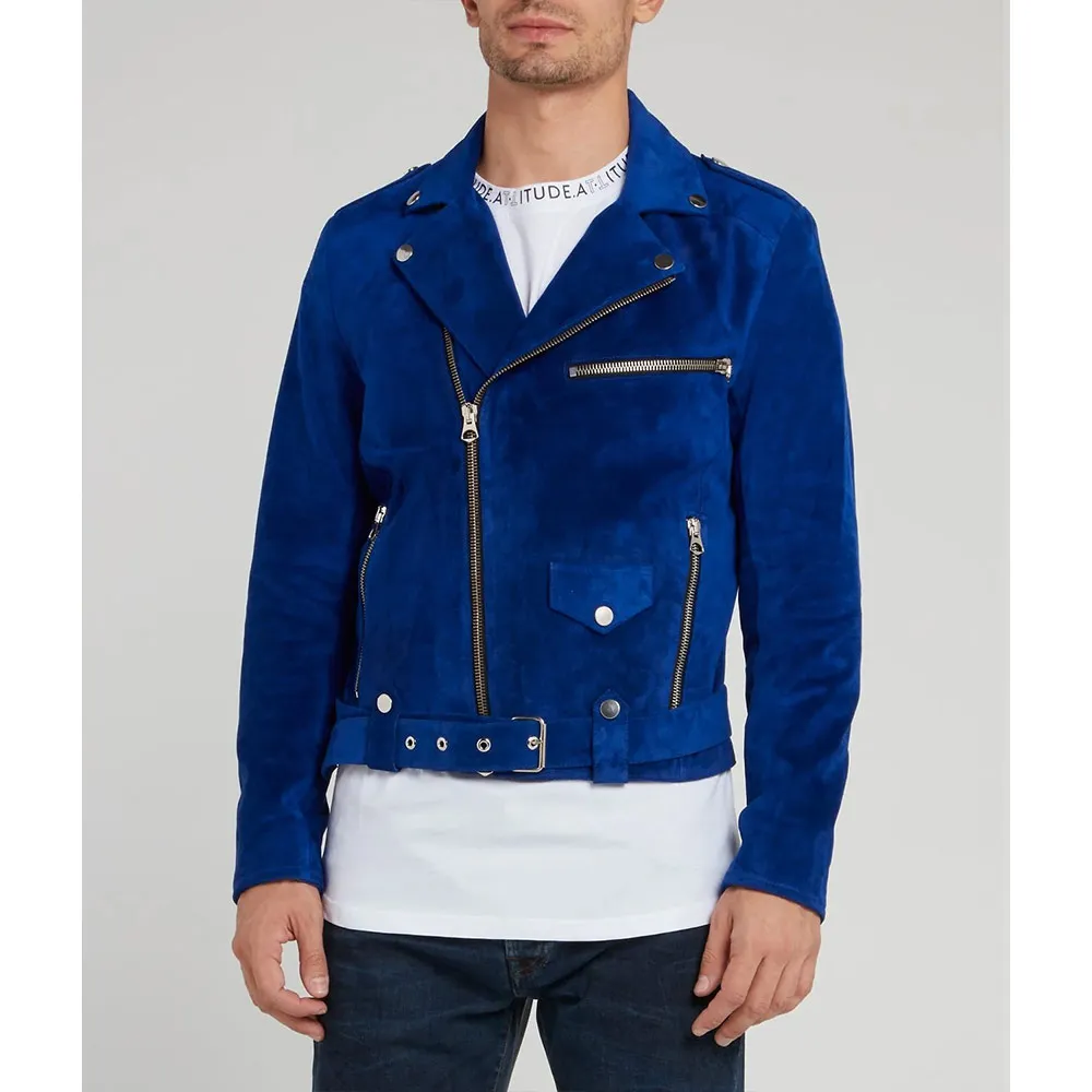 Striking blue suede biker jacket featuring a modern design.