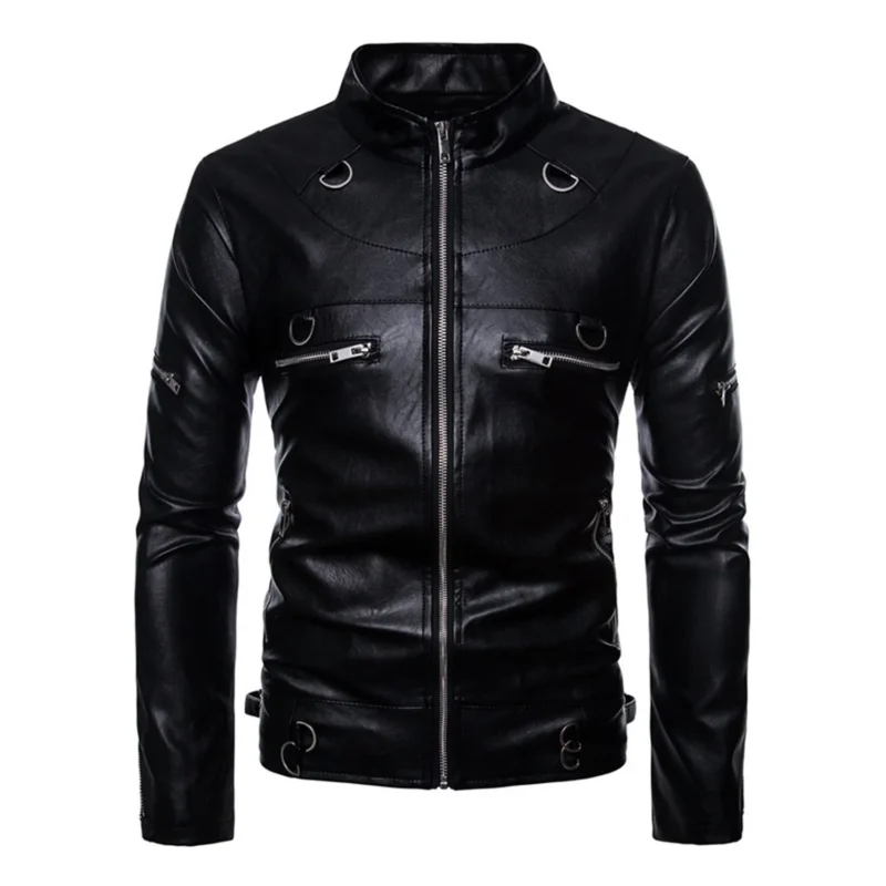Front view of Black PU Leather Biker Jacket