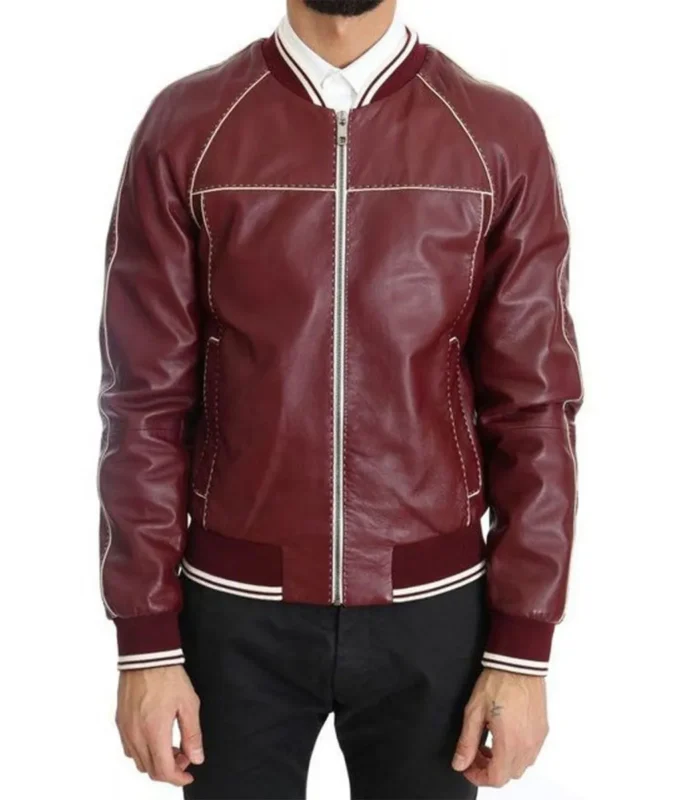 Front view of Men's Maroon Leather Bomber Jacket