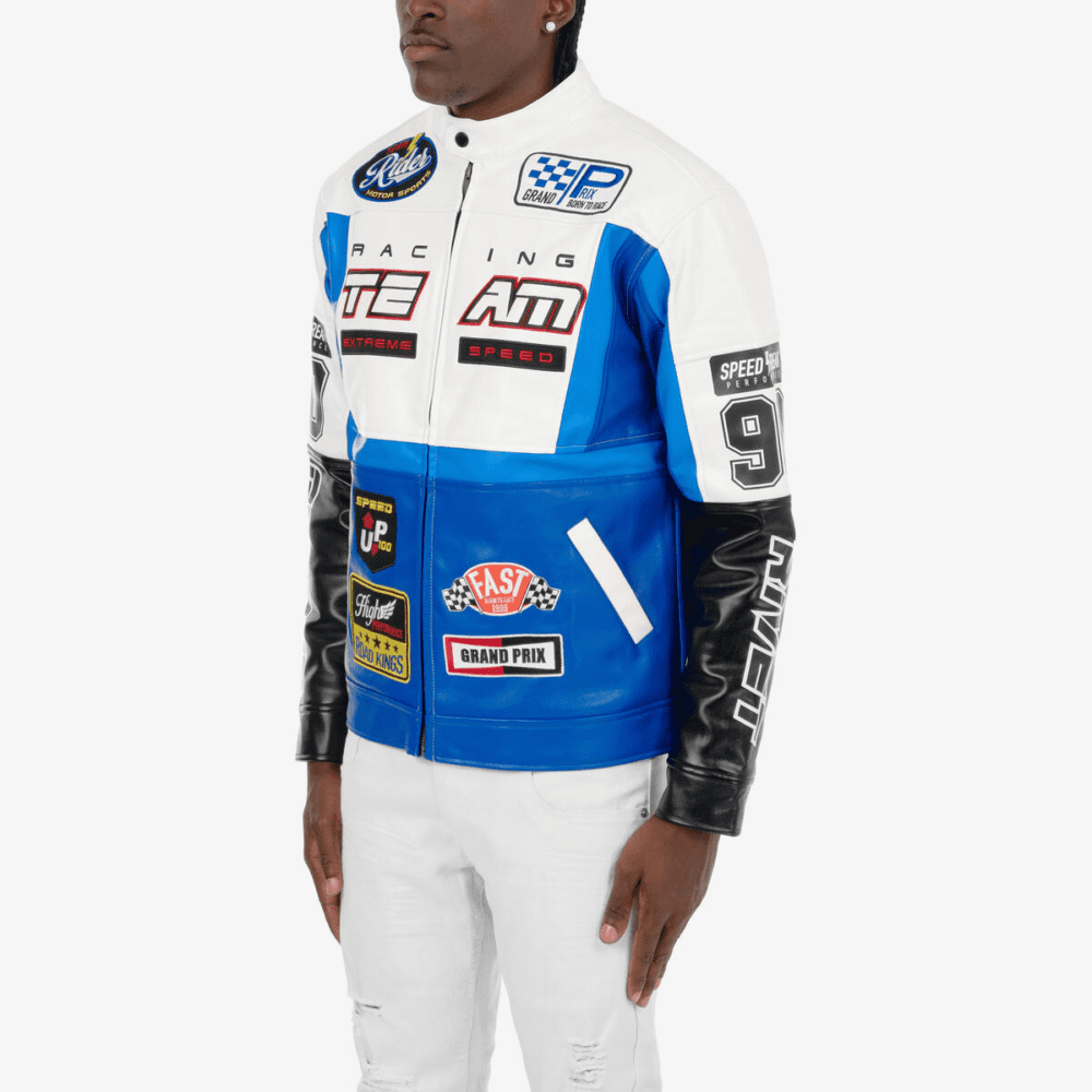 Left side view of the white racing jacket, featuring shoulder straps and multiple pockets.