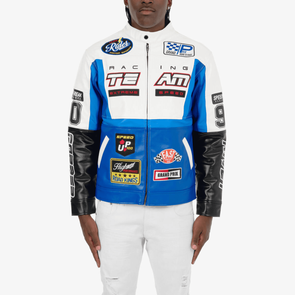 White racing jacket with puff printed design, zipper closure, and stand-up collar.