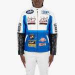 White racing jacket with puff printed design, zipper closure, and stand-up collar.