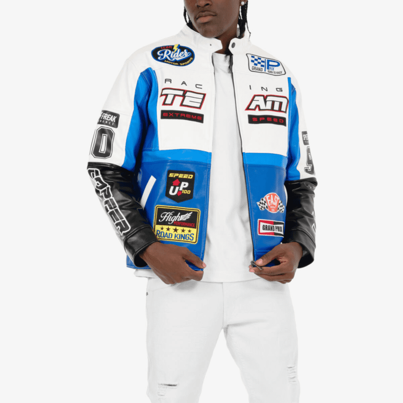 White racing jacket with open zipper, revealing the puff printed design and interior.