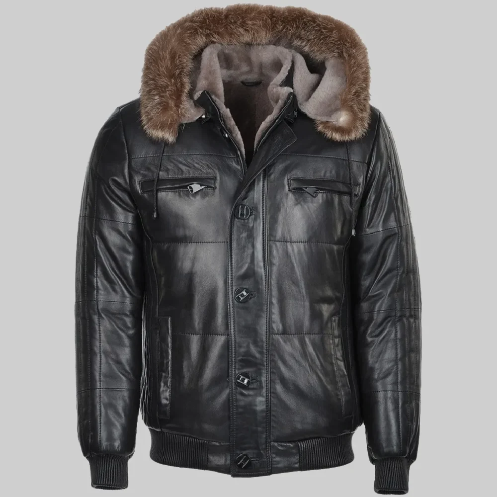 Black Bomber Fur Hooded Leather Jacket