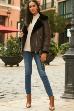 Brown Faux Shearling Biker leather Jacket