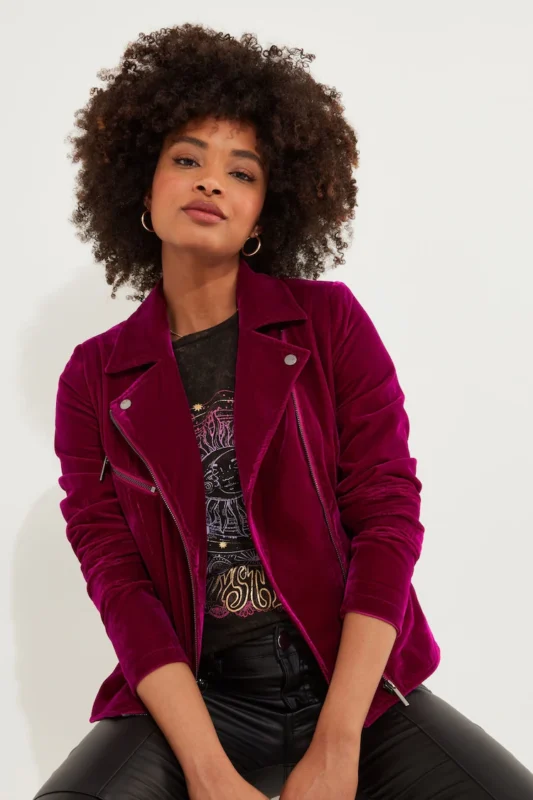 Cropped Velour Biker Jacket