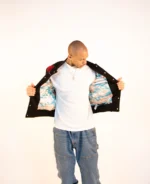 Men's Black Varsity Jacket featuring Hot Air Balloon