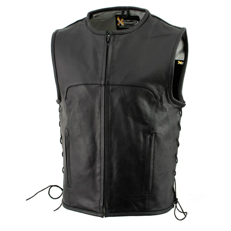 Black Collarless Leather Motorcycle Vest