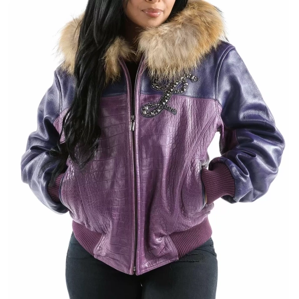 Purple Hooded Leather Jacket