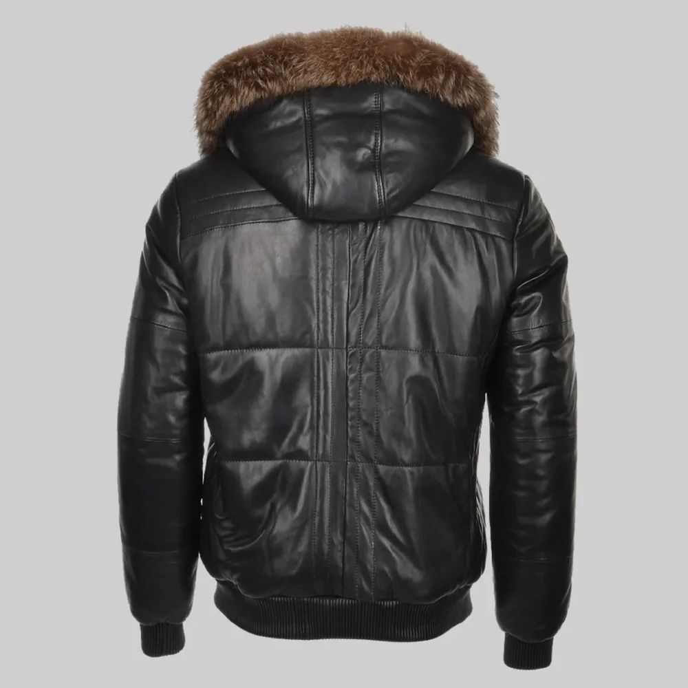 Leather Bomber Jacket with Hood