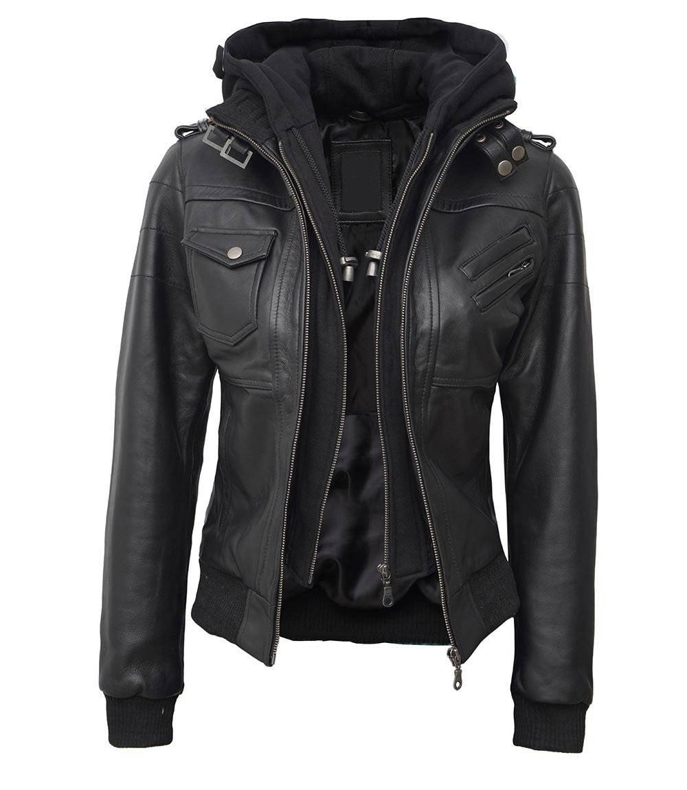 Black Leather Hooded Jacket