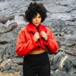 Women Red Faux Fur Shearling Real Sheepskin Leather Jacket