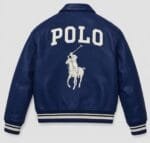 Polo Blue Leather Bomber Jacket, Embroidered Horse, Cowsoft Leather